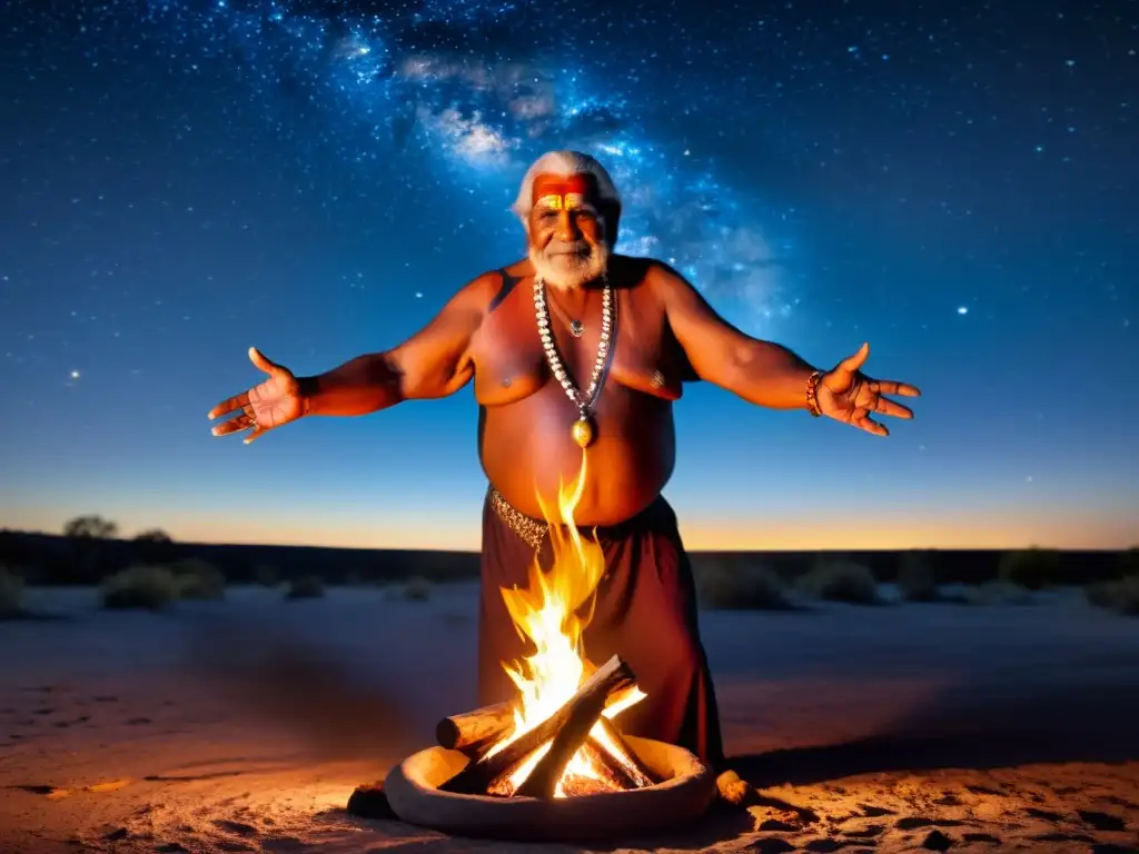 Un anciano aborigen realiza una danza sagrada alrededor de una hoguera, con las estrellas brillando en el cielo nocturno