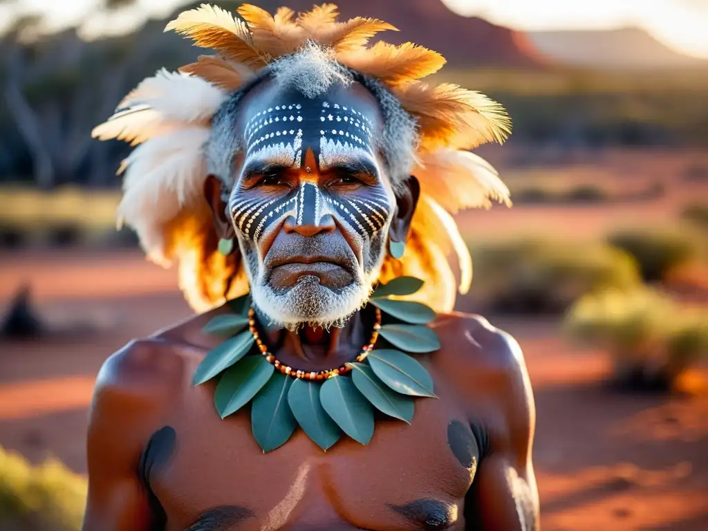 Un anciano aborigen, con pintura corporal y plumas, realiza un ritual alrededor de una fogata en el Outback australiano al atardecer