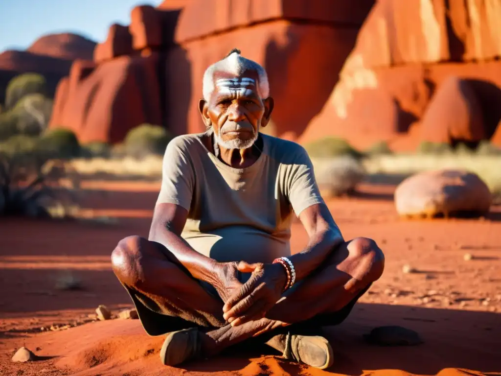 Un anciano aborigen, sentado en la tierra roja del Outback australiano, rodeado de formaciones rocosas ancestrales