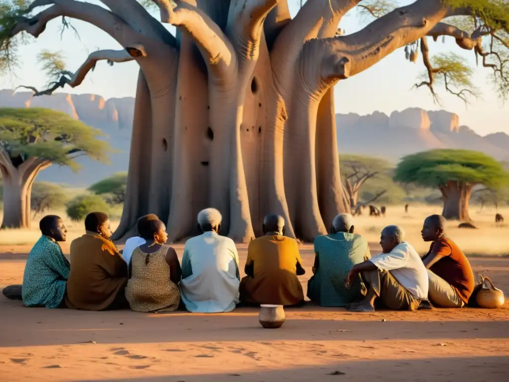 Un anciano griot africano cuenta historias bajo un baobab, rodeado de oyentes atentos