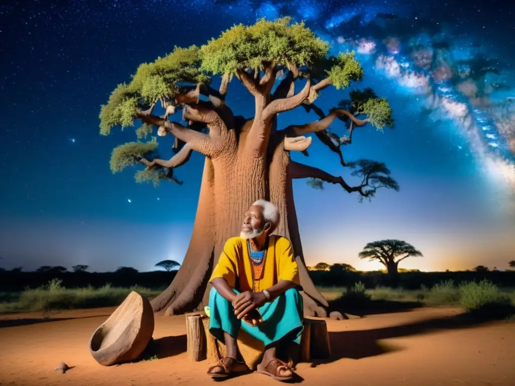 Un anciano africano contempla la noche estrellada bajo un baobab, rodeado de esculturas tradicionales