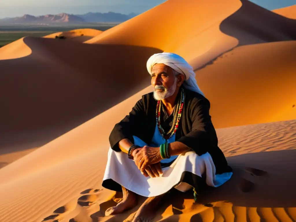 Un anciano amazigh comparte sabiduría entre las dunas, envuelto en la exploración y la filosofía de su pueblo