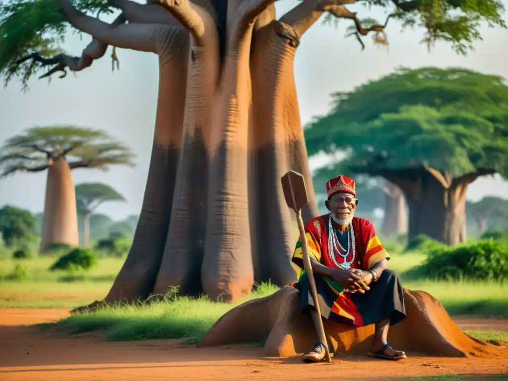 Un anciano Igbo reflexiona bajo un baobab, rodeado de naturaleza exuberante, vistiendo atuendo tradicional