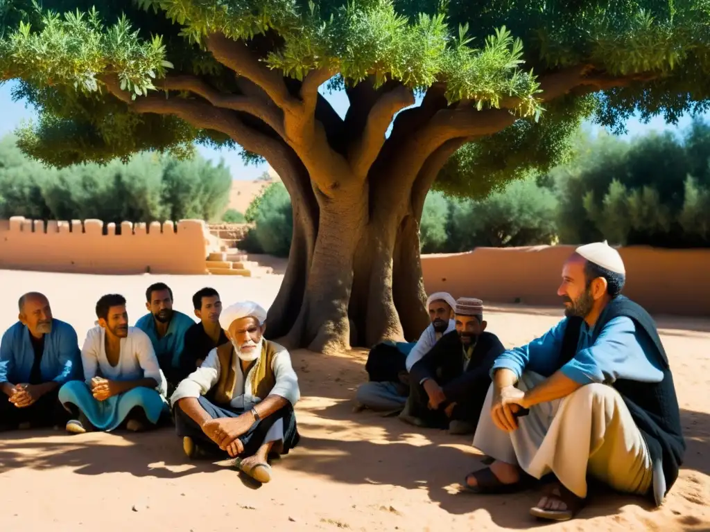 Un anciano bereber comparte la importancia de la oralidad y la filosofía norteafricana bajo un árbol de argán, rodeado de jóvenes atentos