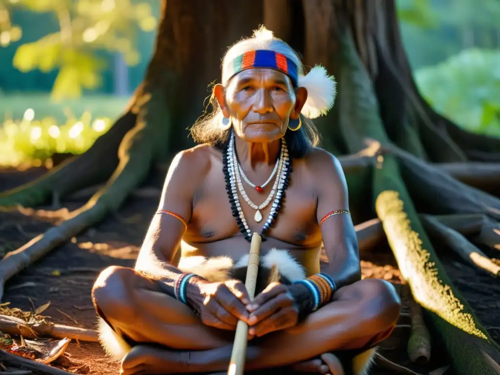 Un anciano indígena sonríe sabiamente en el bosque, sosteniendo un instrumento tradicional con plumas coloridas