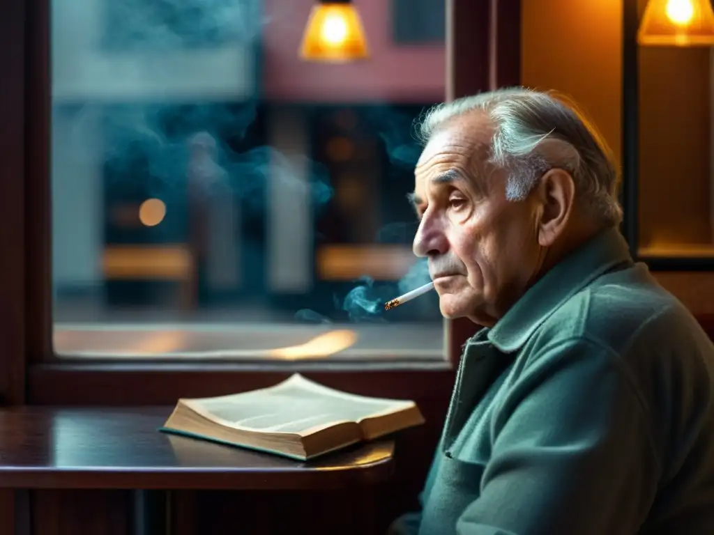 Un anciano reflexiona en un café iluminado por una farola, con el libro 'El Existencialismo es un Humanismo'