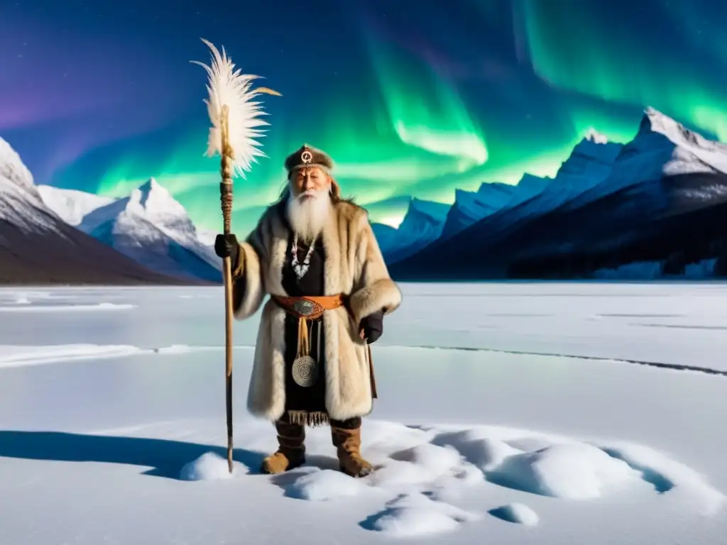 Un anciano chamán envuelto en pieles sobre un lago congelado, rodeado de montañas nevadas bajo la aurora boreal