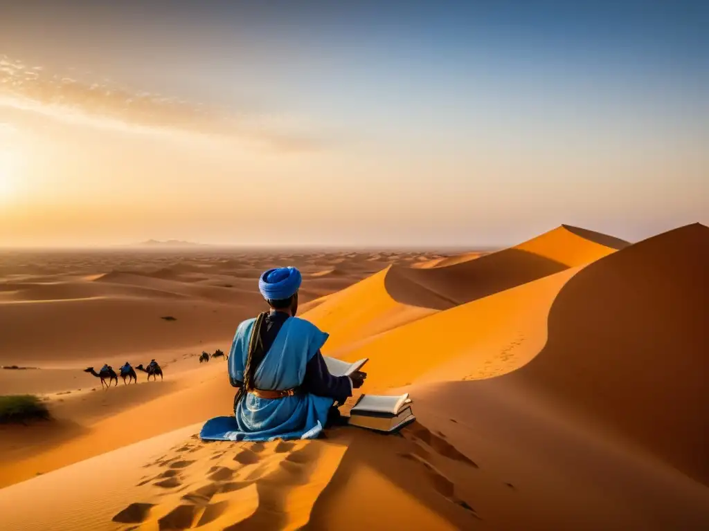 Un anciano Tuareg transmite conocimiento filosófico a jóvenes viajeros en una caravana en el desierto del Sahara al atardecer