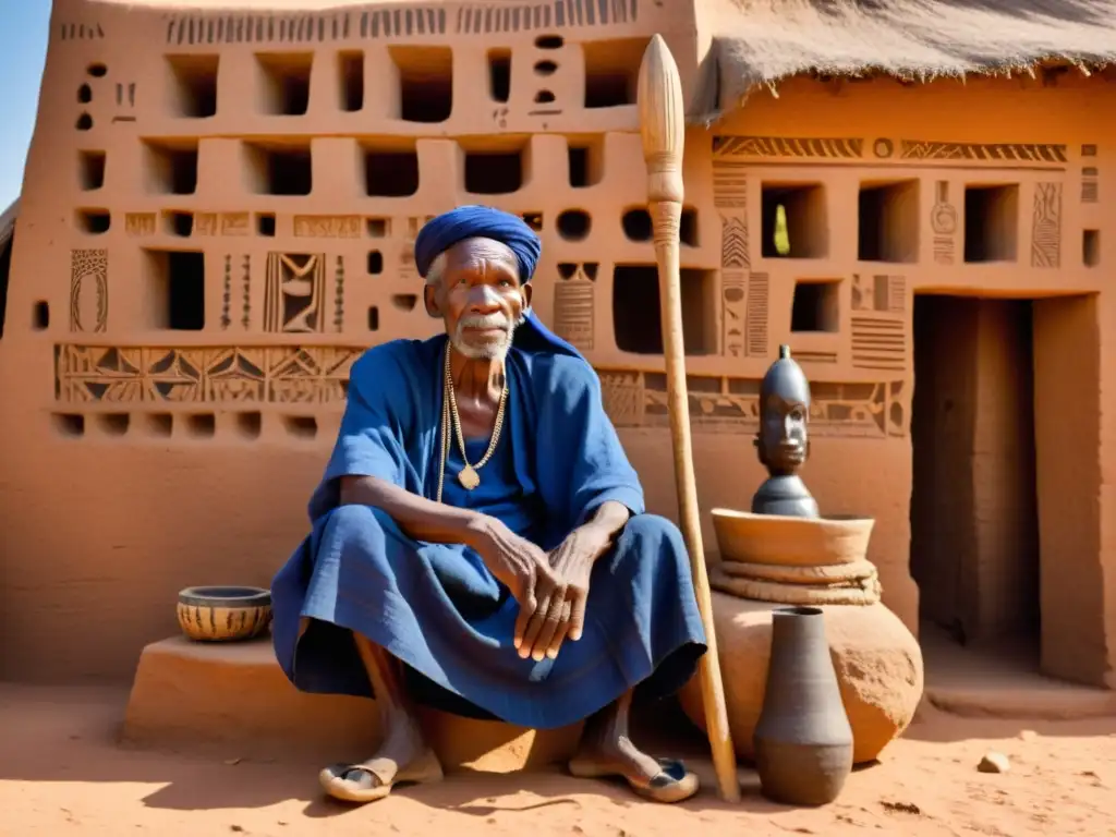 Un anciano Dogon contemplativo envuelto en tela índigo, con influencia filosófica cosmovisión Dogon, frente a hogar de barro y símbolos geométricos