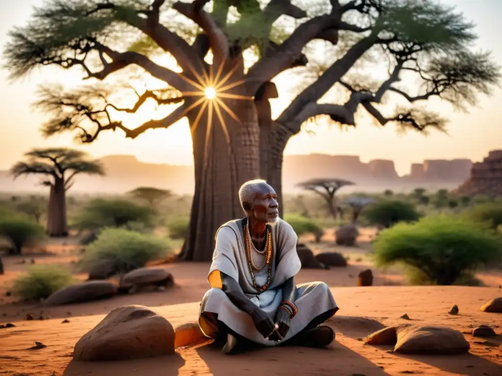 Un anciano Dogon contempla la distancia bajo un baobab, su rostro refleja sabiduría