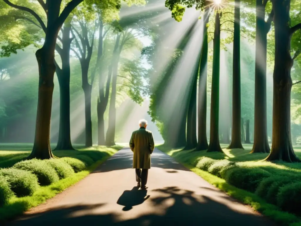 Un anciano reflexiona en una encrucijada, entre caminos sombreados por la luz del sol