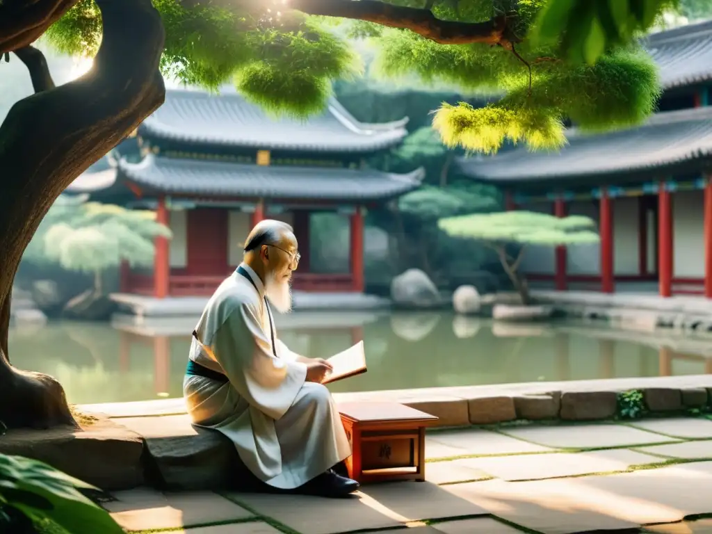 Un anciano erudito confuciano reflexiona en un jardín tranquilo, rodeado de vegetación exuberante y arquitectura china tradicional, sosteniendo un pergamino de sabiduría antigua mientras contempla los principios de armonía y vida ética