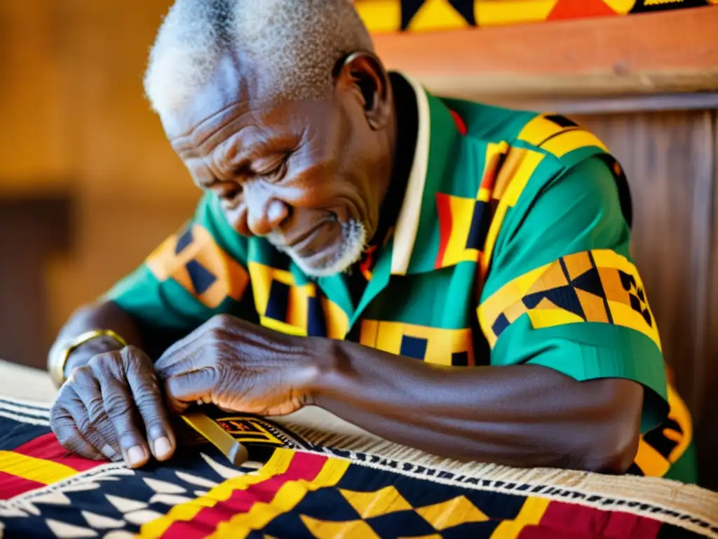 Un anciano de la etnia Akan de Ghana teje símbolos adinkra en kente, infundiendo significado filosófico en cada detalle