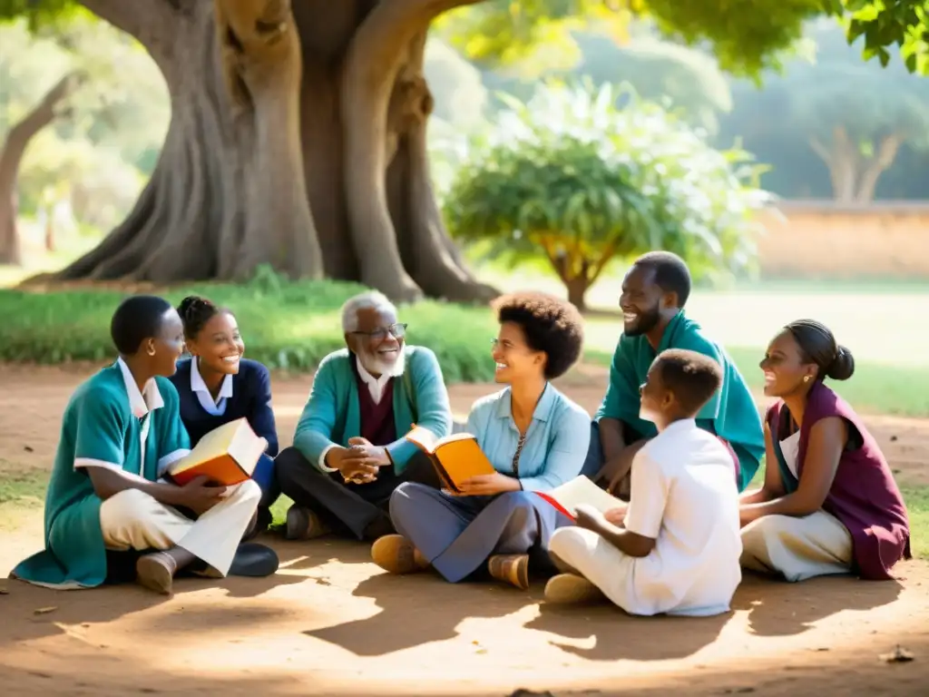 Un anciano filósofo africano sonríe mientras guía un animado debate bajo un árbol