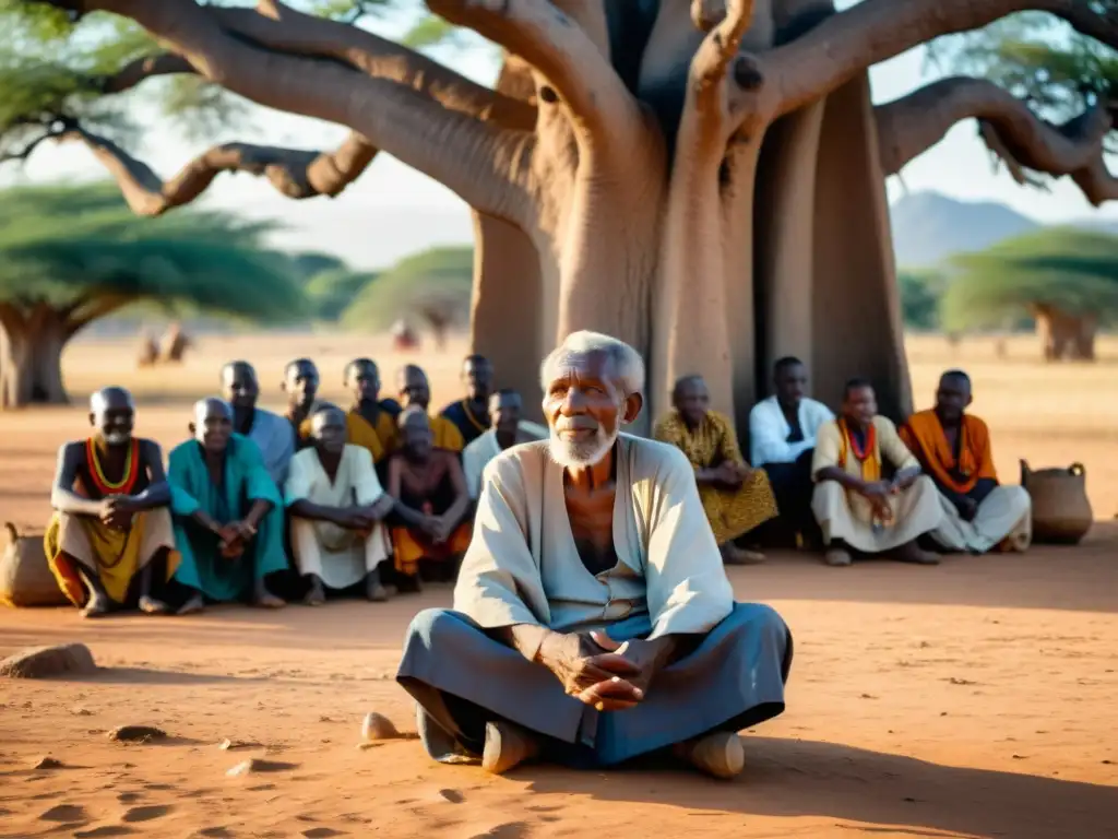 Un anciano filósofo Bantú comparte sabiduría ancestral bajo un baobab, rodeado de aldeanos atentos en el cálido atardecer africano