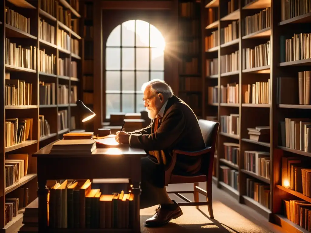 Un anciano filósofo reflexiona en su estudio iluminado por la suave luz de la tarde, rodeado de libros antiguos sobre la filosofía de la probabilidad en un mundo determinista