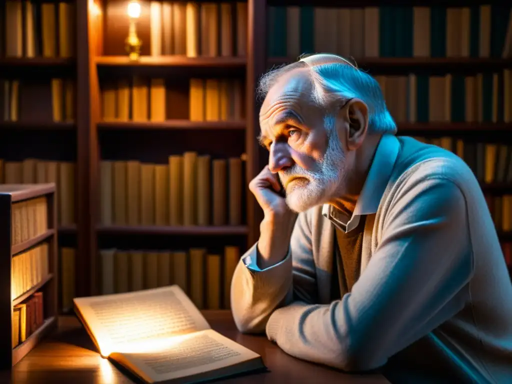 Un anciano filósofo reflexiona en su estudio iluminado por una lámpara de escritorio, rodeado de libros antiguos