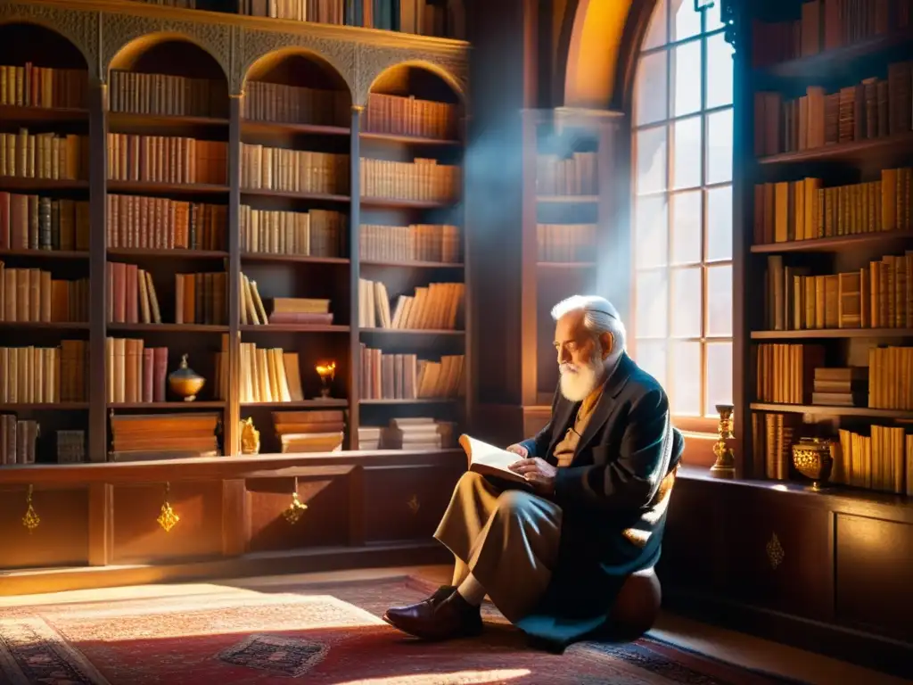 Un anciano filósofo reflexiona en su estudio soleado, rodeado de estanterías repletas de tomos encuadernados en cuero