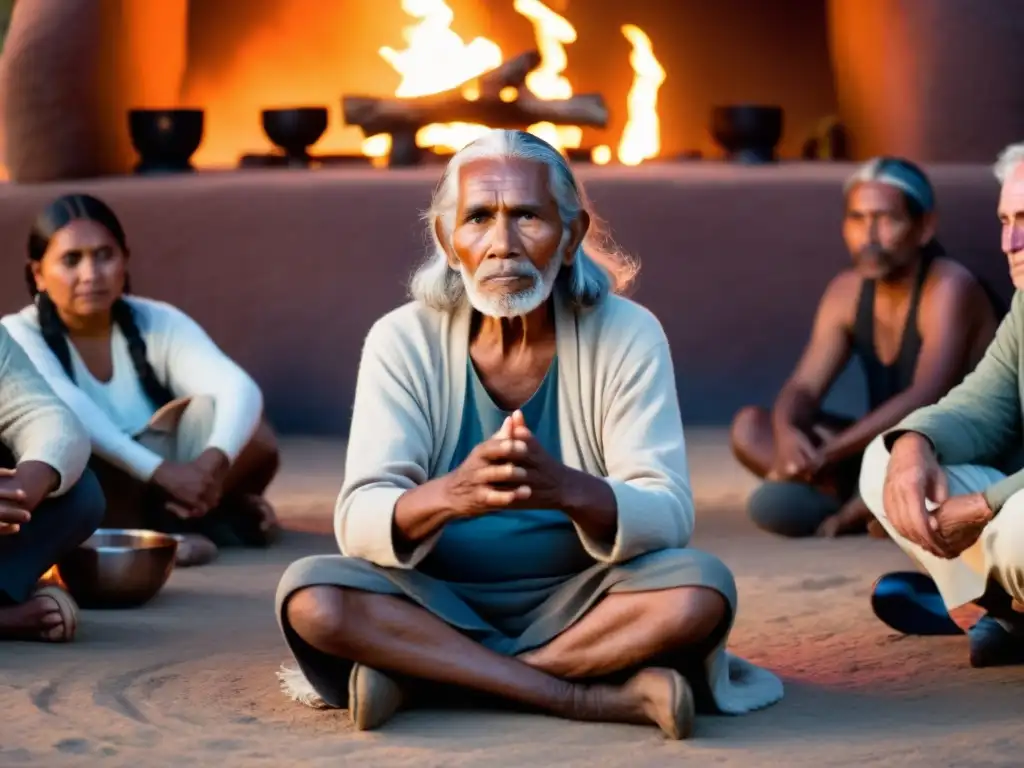 Un anciano indígena cuenta antiguas tradiciones orales alrededor del fuego, con expresiones de asombro, respeto y contemplación