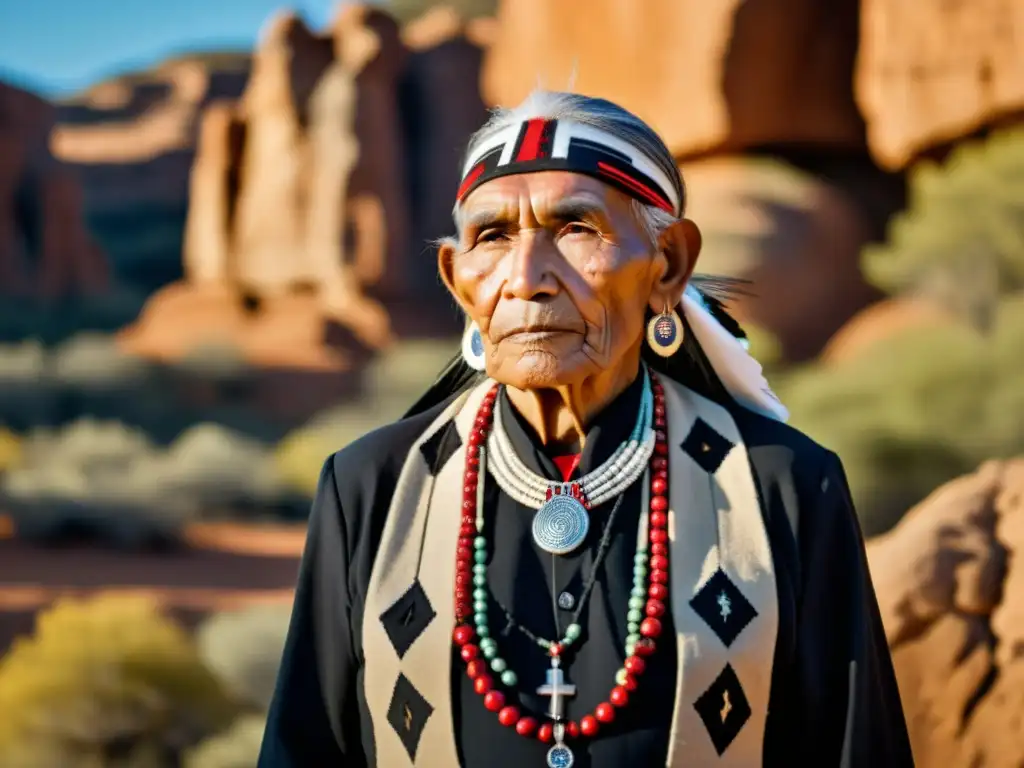 Un anciano indígena en atuendo ceremonial, rodeado de formaciones rocosas antiguas