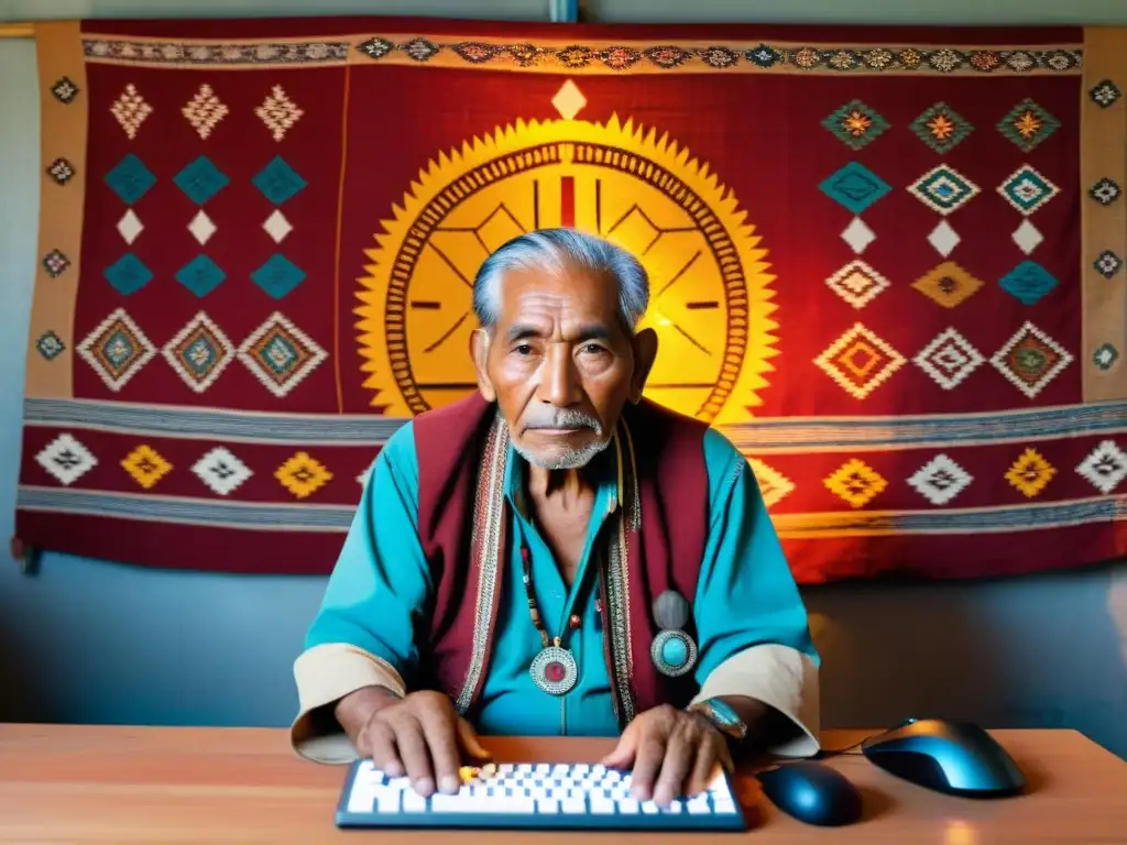 Un anciano indígena expertamente navega una computadora, rodeado de tradición y modernidad