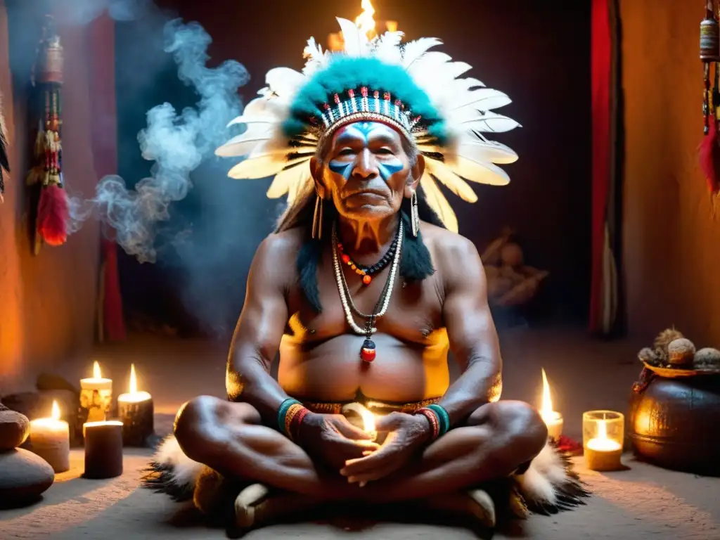 Un anciano chamán indígena en un espacio ceremonial iluminado por velas, rodeado de instrumentos tradicionales