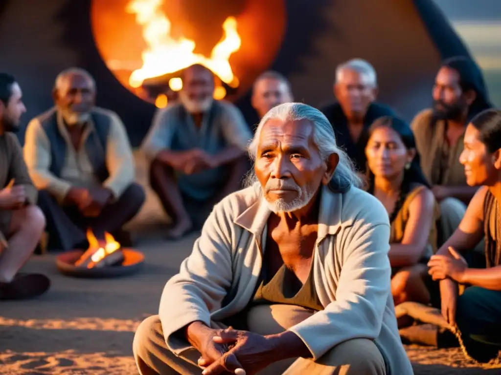Un anciano indígena cuenta una historia junto al fuego, rodeado de oyentes atentos