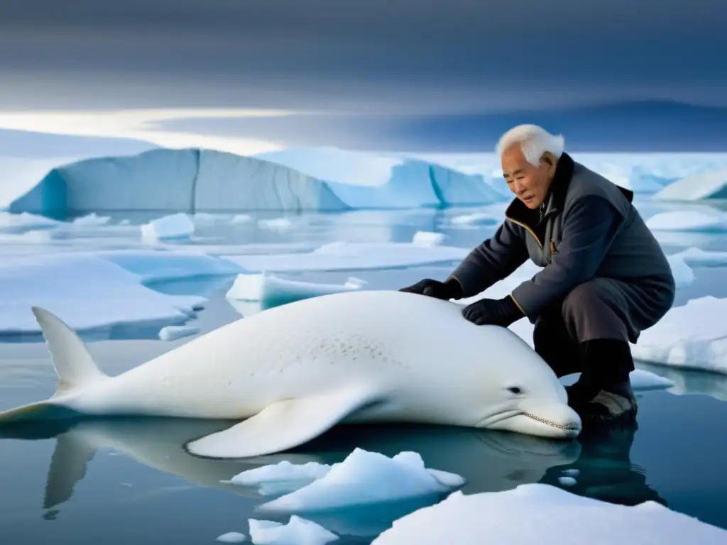 Un anciano inuit cosecha una ballena beluga en el helado Ártico, reflejando la ética ártica de respeto y reciprocidad con la naturaleza