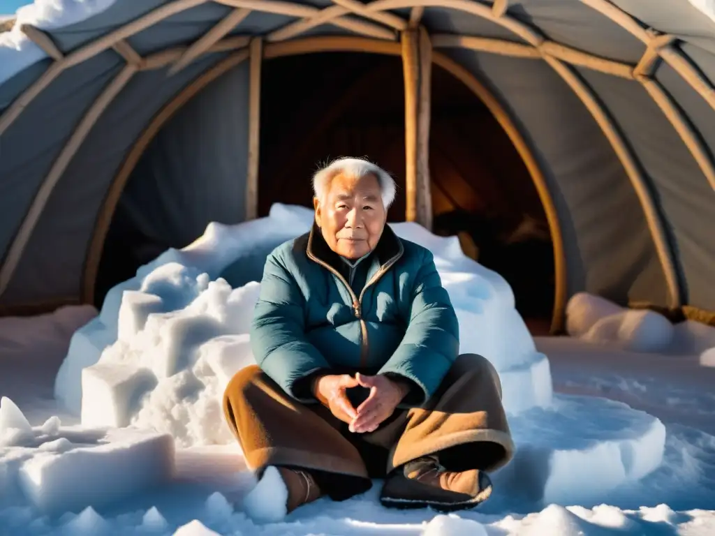 Un anciano Inuit cuenta historias en su iglú, iluminado por la cálida luz ártica, resaltando las filosofías de la vida ártica