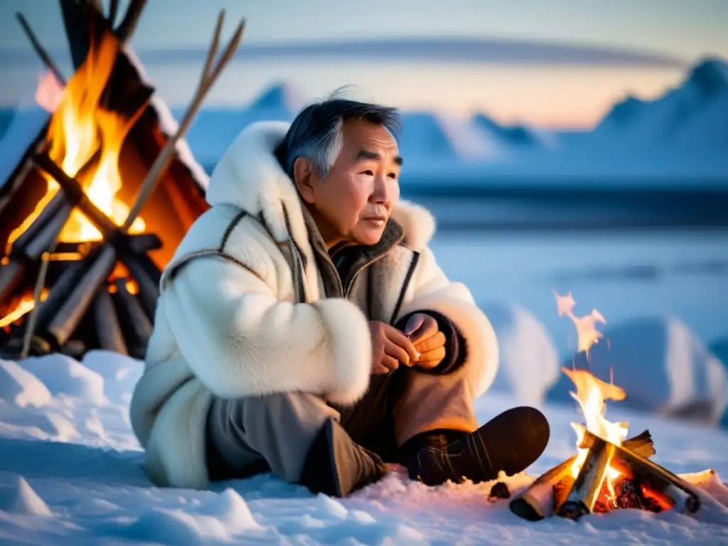 Un anciano inuit cuenta historias junto al fuego en medio de paisajes nevados, transportando al espectador a las filosofías de la vida ártica