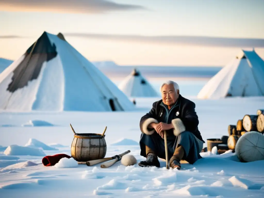 Un anciano inuit en un paisaje nevado, rodeado de herramientas y ropa tradicional