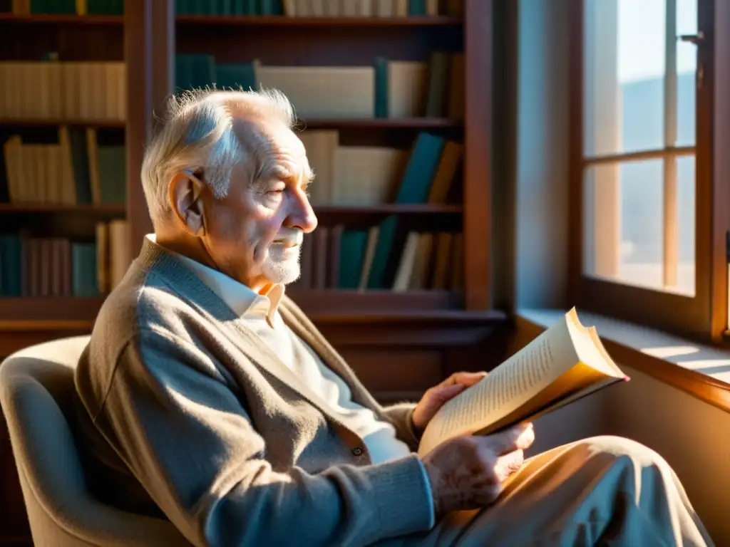 Un anciano leyendo un libro junto a la ventana, sumergido en 'Aplicaciones prácticas de teorías filosóficas'