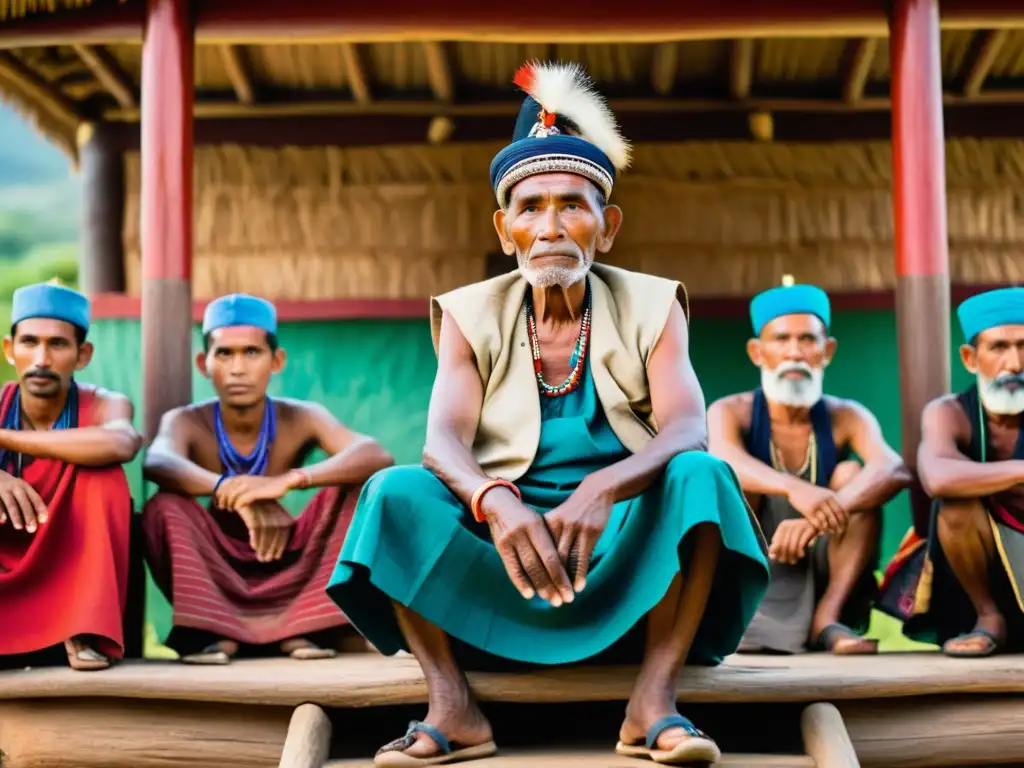 Un anciano líder tribal en un trono de madera, rodeado de aldeanos atentos