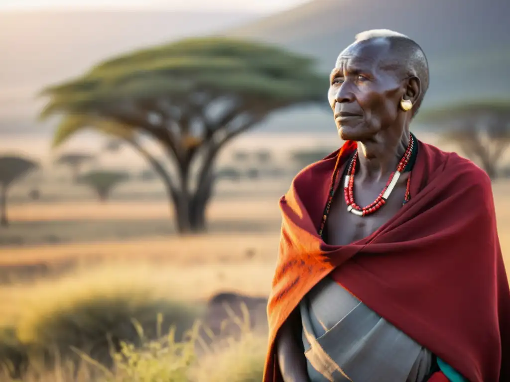 Un anciano Maasai en la sabana, con su vestimenta tradicional y una mirada sabia, en armonía con la naturaleza Maasai