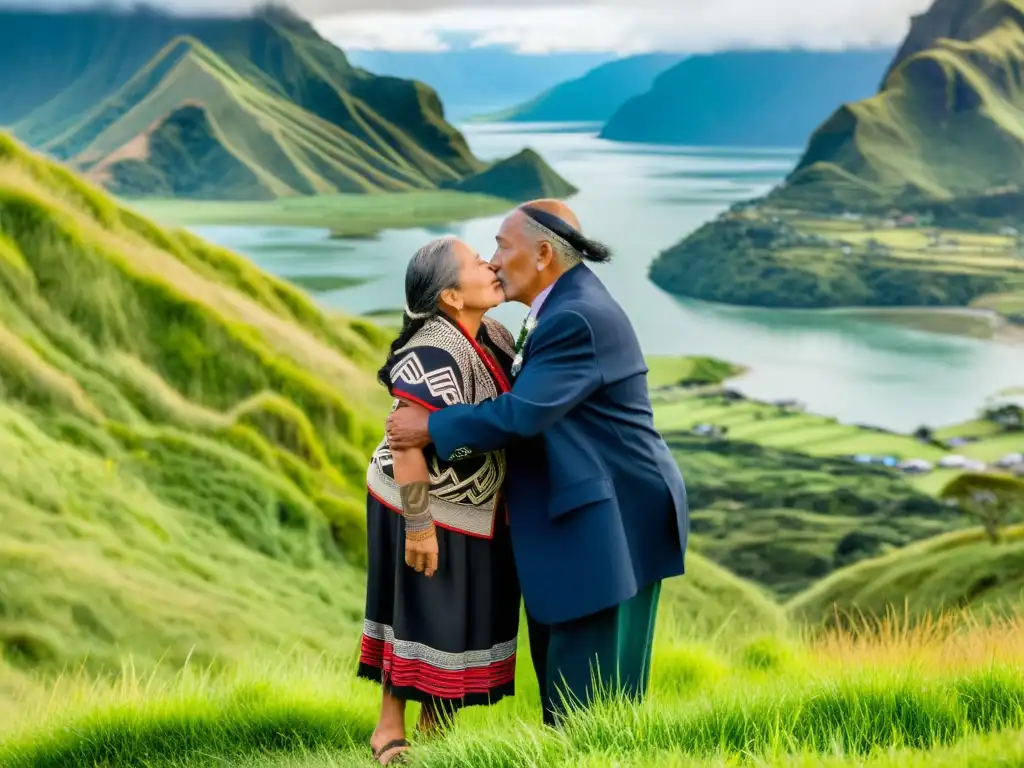 Un anciano maorí realiza un hongi con reverencia ancestral en filosofía maorí, en un paisaje sereno y montañoso