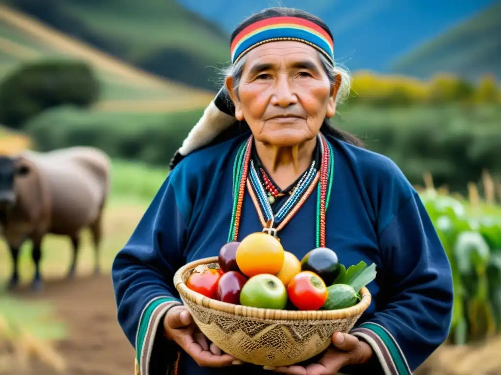 Un anciano Mapuche orgulloso en traje tradicional, con canasta de frutas y verduras, simboliza la resistencia de pueblos indígenas sudamericanos