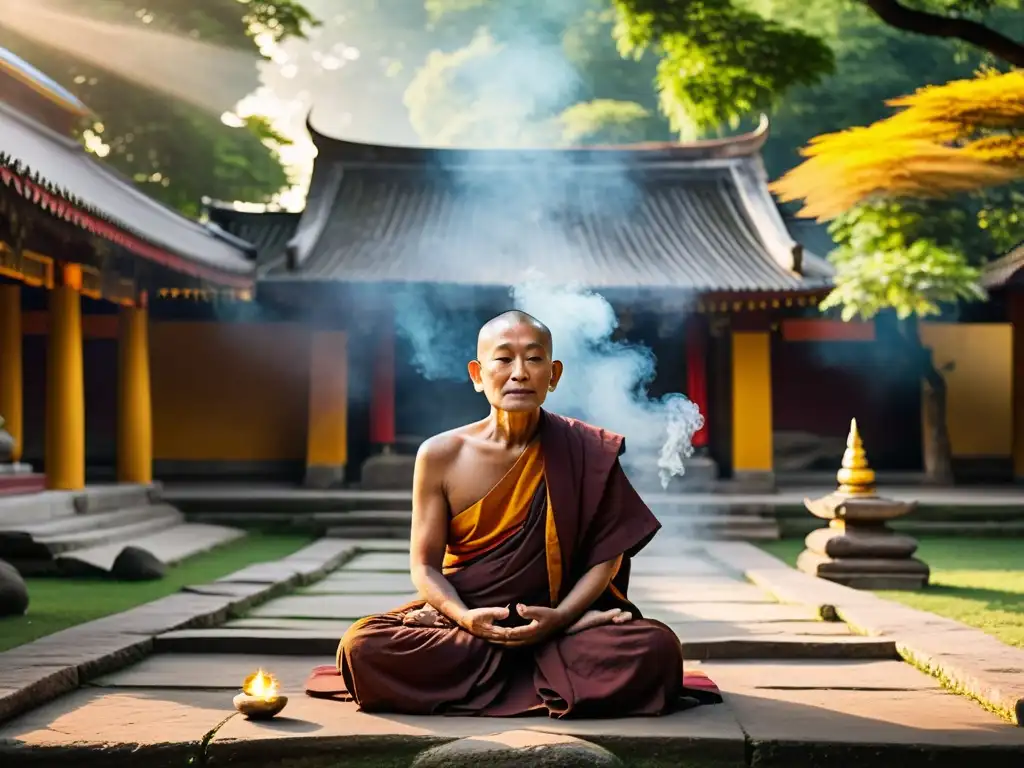 Un anciano monje budista medita en un templo sereno, rodeado de vegetación y humo de incienso