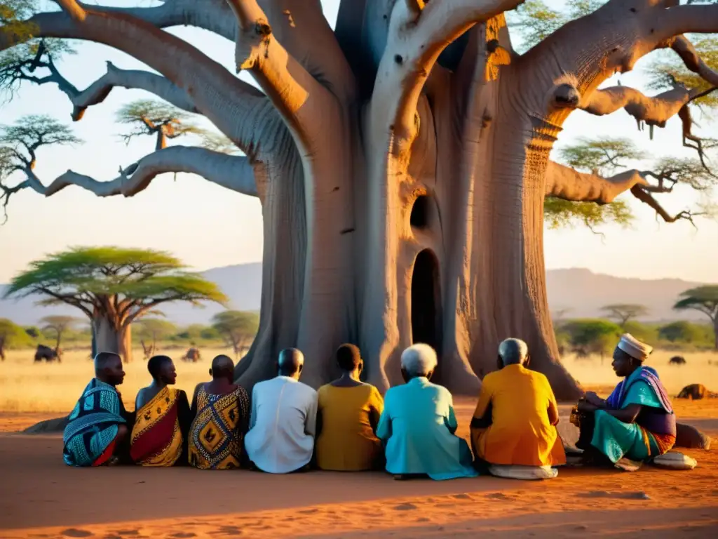 Un anciano narrador africano comparte sabiduría bajo un baobab, en una escena de reverencia y conexión con la interpretación del tiempo y espacio