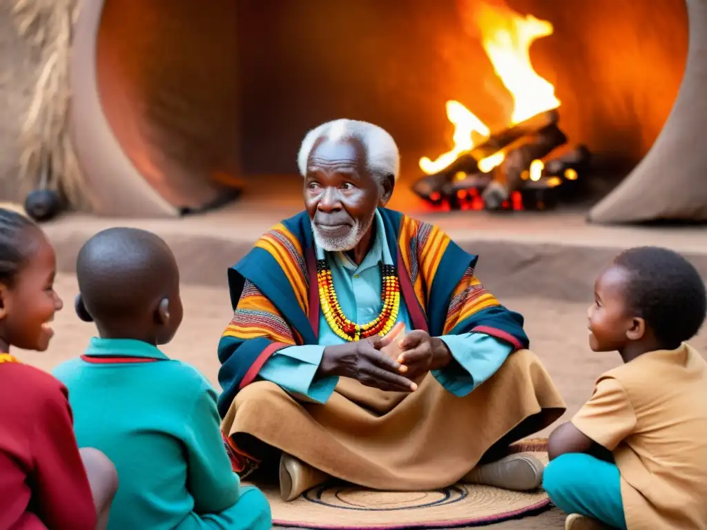 Un anciano narrador africano comparte sabiduría con niños alrededor del fuego, evocando la rica tradición oral de la filosofía africana