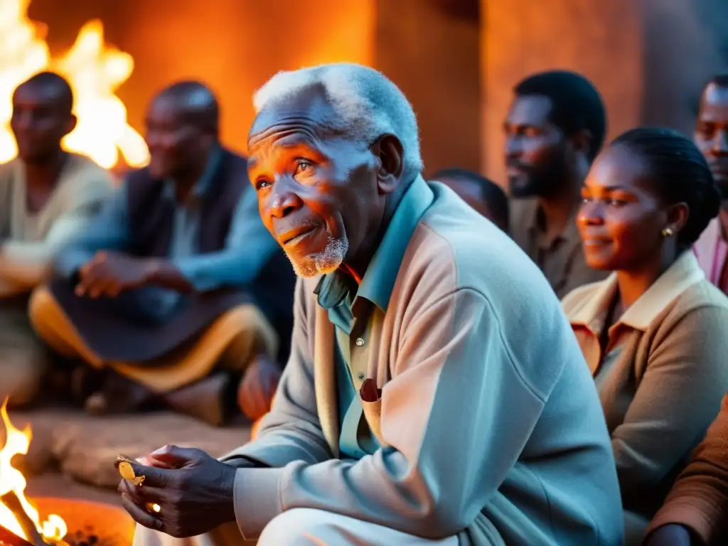 Un anciano narrador africano comparte tradiciones junto a un grupo atento alrededor del fuego