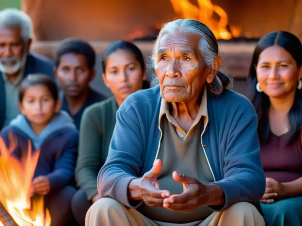Un anciano narrador indígena hechiza a su audiencia alrededor del fuego, transmitiendo la tradición oral y la sabiduría ancestral