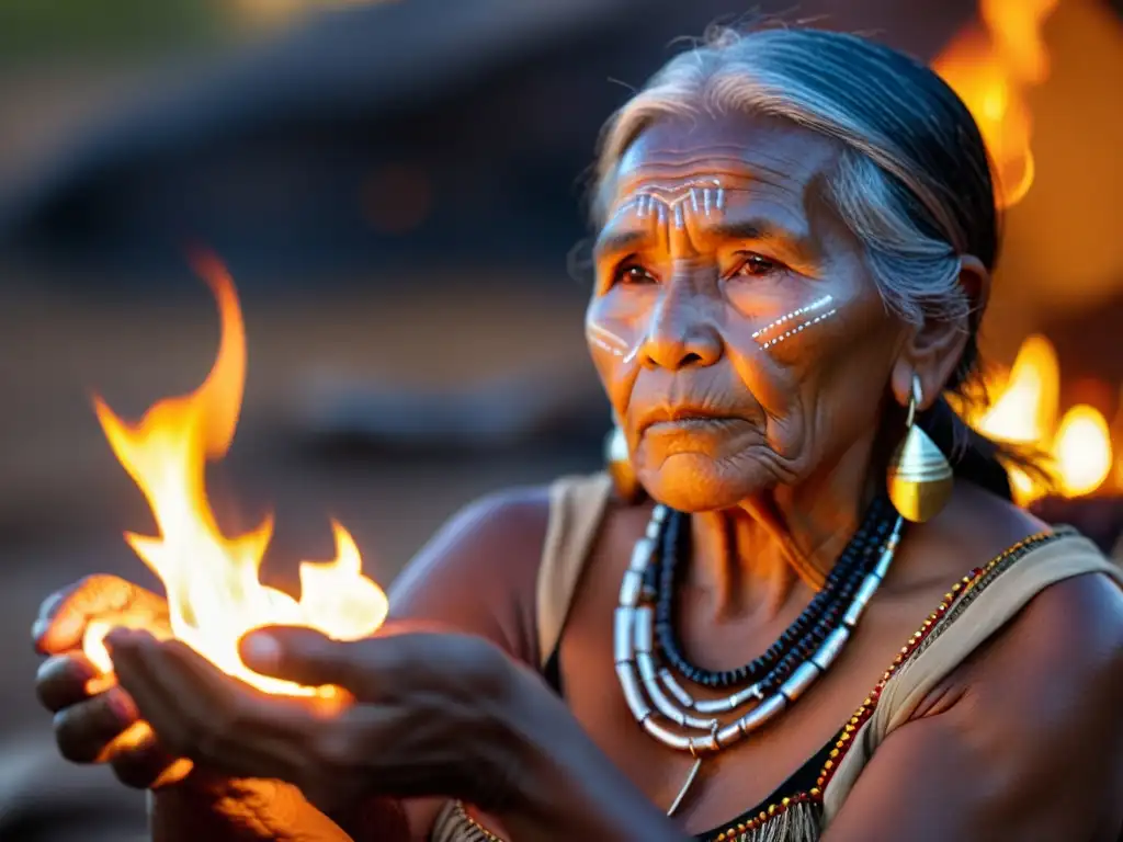 Un anciano narrador indígena iluminado por el fuego, transmitiendo la sabiduría ancestral a su audiencia con gestos apasionados