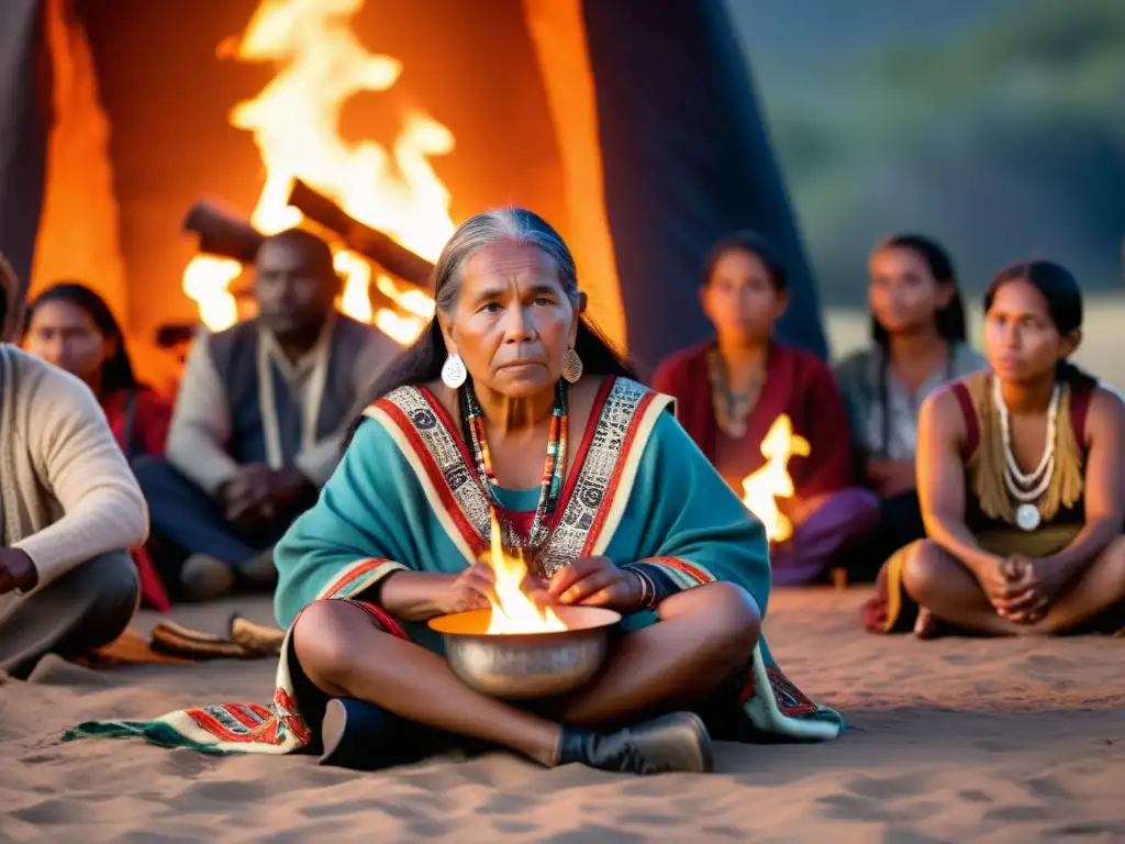 Un anciano narrador indígena comparte sabiduría ancestral junto a su audiencia, en una escena llena de tradición y respeto