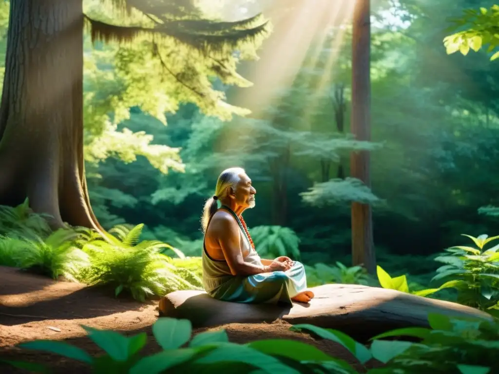 Un anciano nativo americano medita en un bosque exuberante, irradiando tranquilidad y conexión espiritual