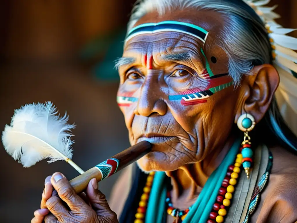 Un anciano nativo americano sostiene un cáliz de la paz decorado con plumas y tallas, símbolos de paz y diplomacia