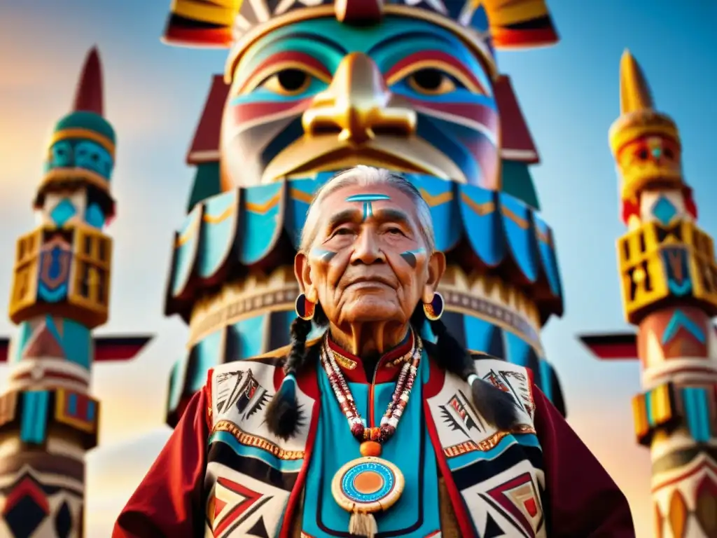 Un anciano nativo americano en regalia tradicional frente a un totem decorado, irradiando sabiduría y reverencia
