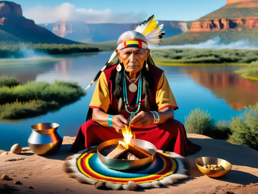 Un anciano nativo americano realiza un ritual rodeado por los cinco elementos en un paisaje natural, capturando la esencia de la Filosofía Nativa Americana elementos esenciales