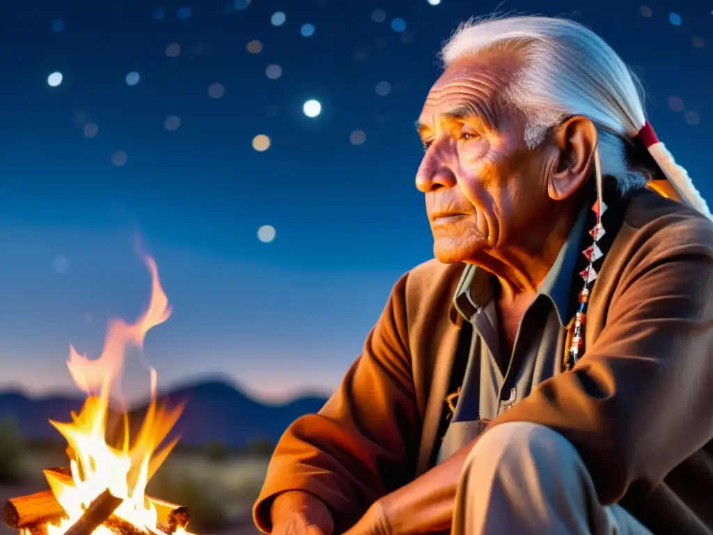 Un anciano nativo americano comparte sabiduría junto a una fogata bajo el cielo estrellado