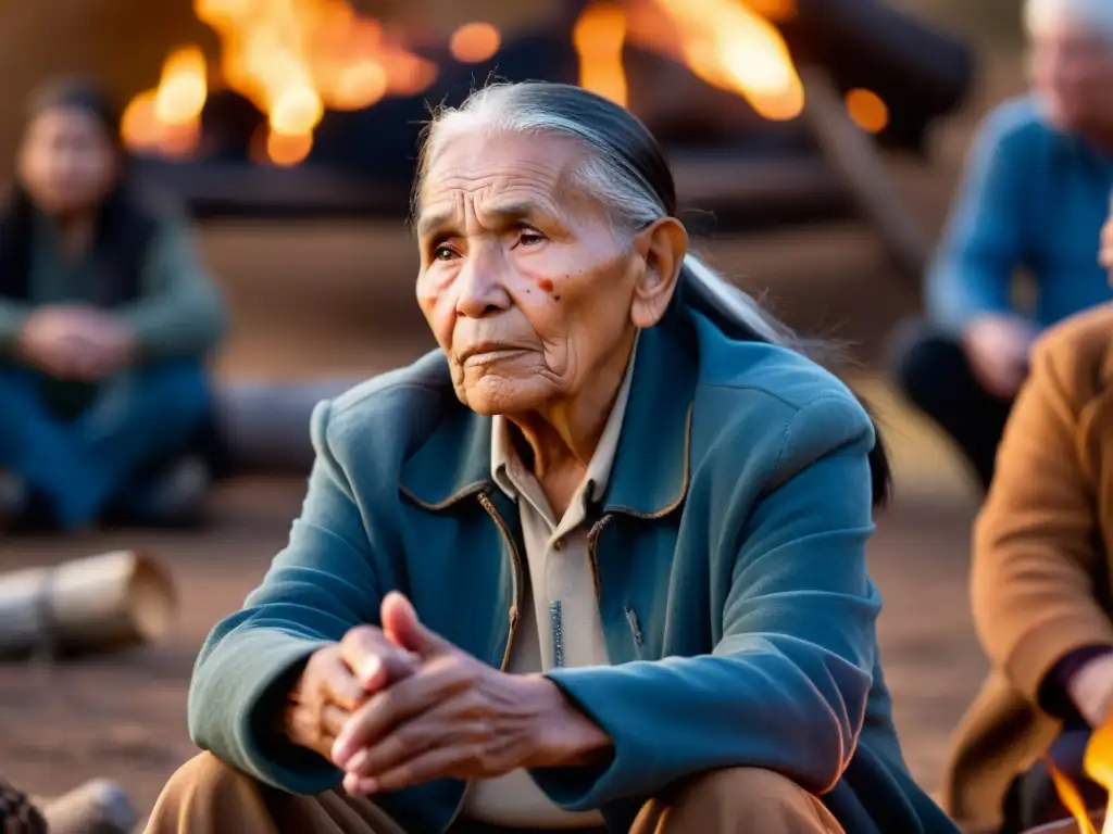 Un anciano nativo americano comparte tradiciones alrededor de una fogata, captando la atención de su audiencia