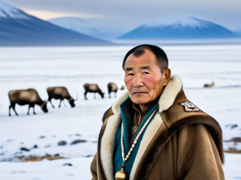 Un anciano Nenets en la tundra siberiana, transmitiendo lecciones de vida Nenets Siberia con su mirada sabia y la naturaleza inmensa